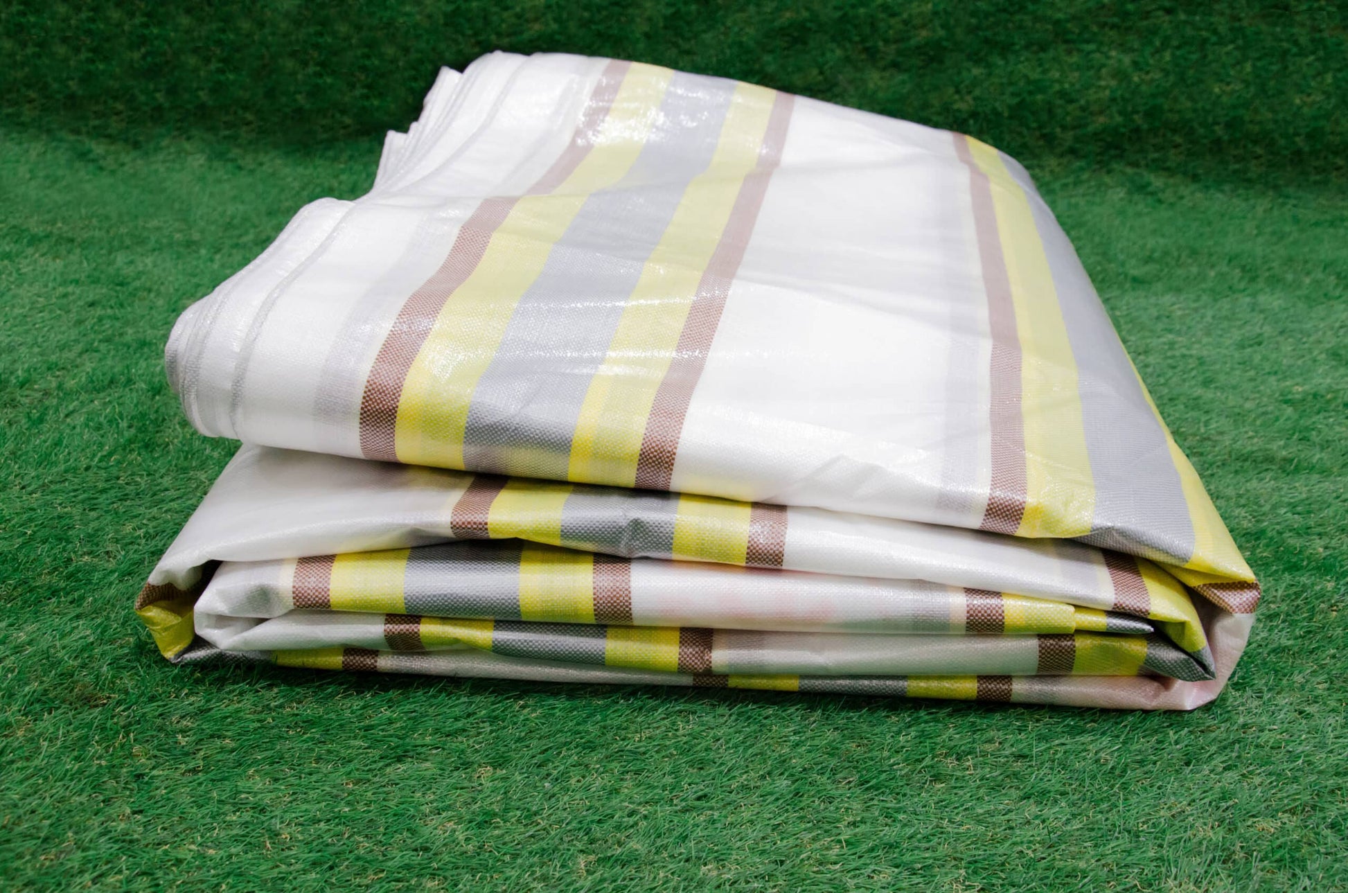 Heavy-Duty PE Tarp - 220GSM Poly Tarpaulin - All Purpose Tarp - White Background with Brown, Silver and Yellow Stripes image 0