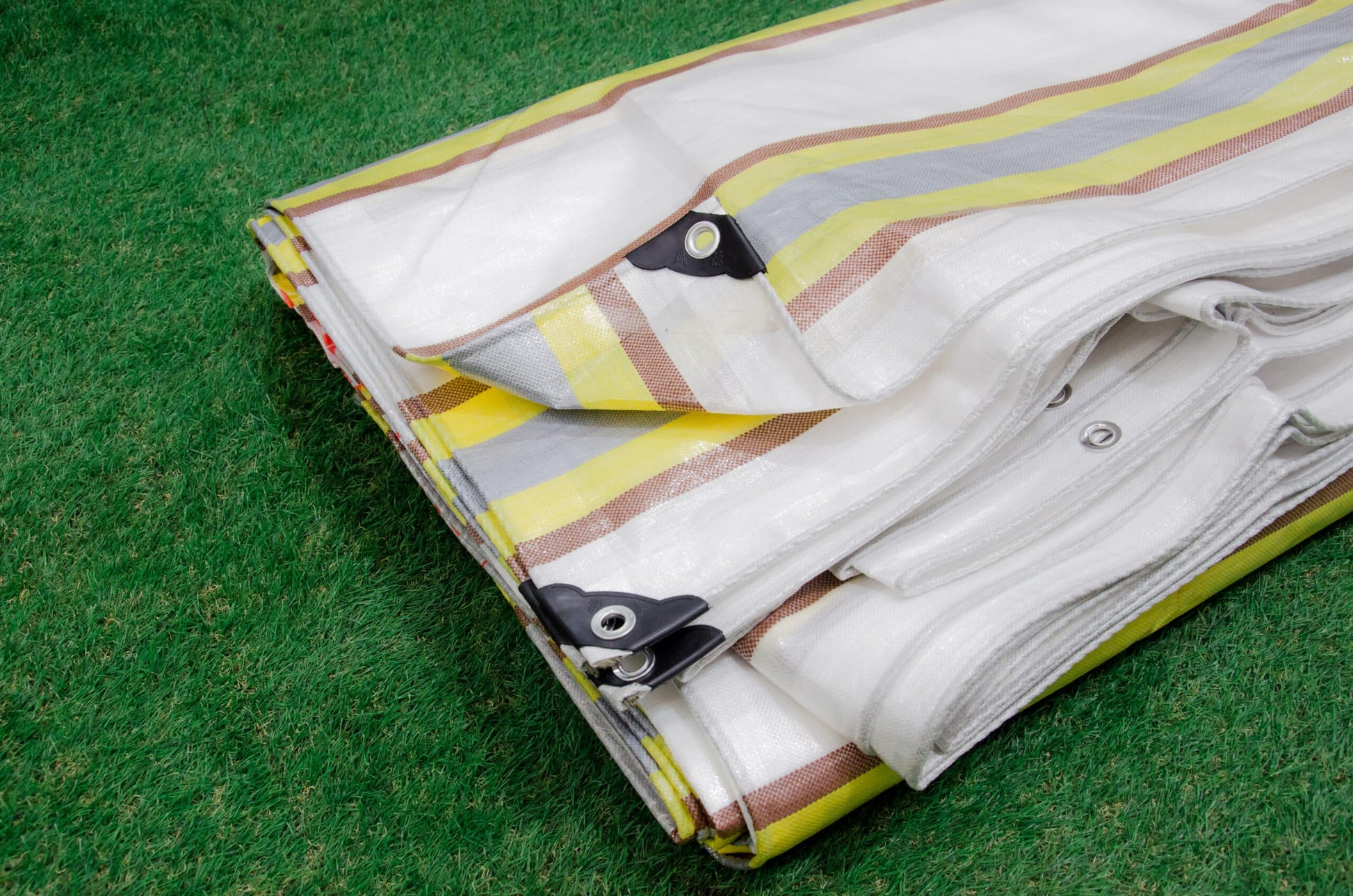 Heavy-Duty PE Tarp - 220GSM Poly Tarpaulin - All Purpose Tarp - White Background with Brown, Silver and Yellow Stripes image 6