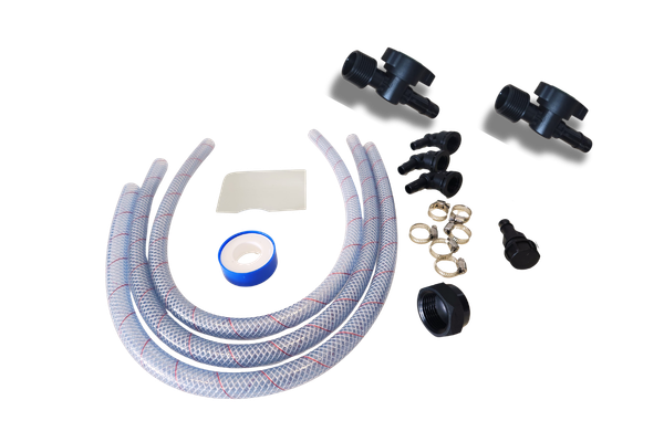 DWN125BH hose kit complete: 3x 750mm ½" hoses, 6x hose clamps, 2x 20mm BSP male thread taps, 3x ½" 90° elbows, 1x director fitting with cap, and 1x 1" cap.