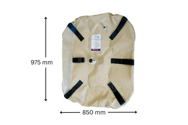 FB100SP 100L fuel bladder dimensions: 975mm x 850mm footprint with 200mm filled height