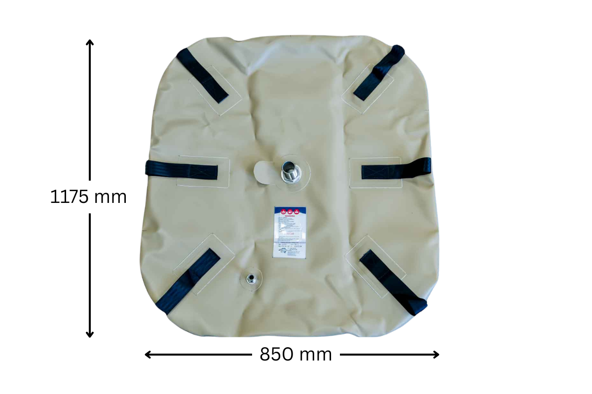 FB150SP 150L diesel bladder dimensions: 1175 x 850 x 250 mm with 38mm inlet and 13mm outlet.