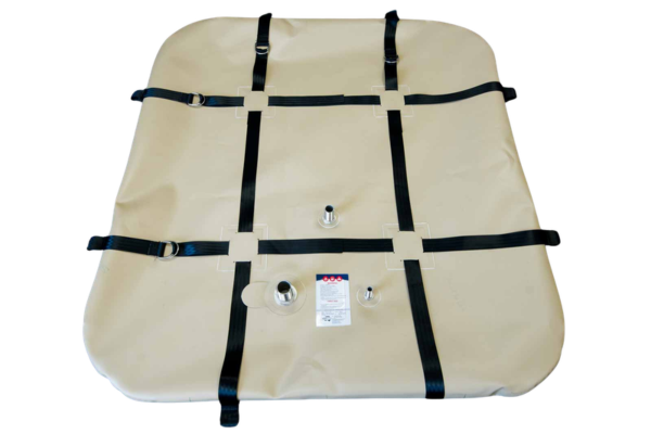 500L pillow-style fuel storage bladder showing stainless steel fittings and tie-down points