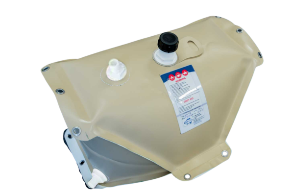 Collapsible 50-liter flexible fuel tank for boat and 4WD use, showing inlet fittings with cap, Breather open fitting and outlet open  fittings