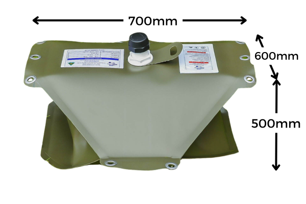 FB50MB 50L concertina fuel bladder for marine diesel storage, 700x600x500H mm, flexible TPU tank made in Australia.