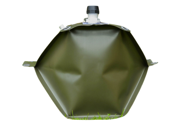 "50L collapsible TPU diesel tank for boat and 4x4, featuring concertina design, inlet cap, and breather fitting