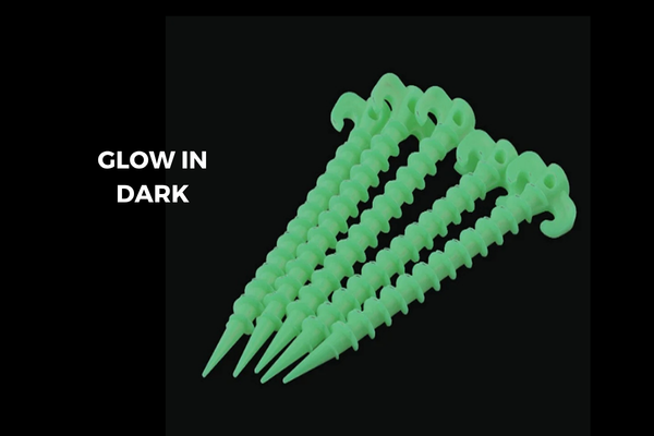 Glow-in-the-Dark Screw Pegs for Tents & Tarps – Spiral Ground Anchors (4 & 10 Pack)