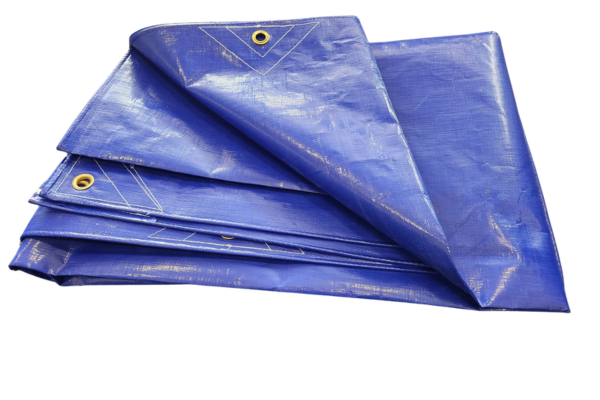 Extra heavy-duty 260GSM PE tarpaulin fold detail with Heavy duty solid brass spur toothed eyelets
