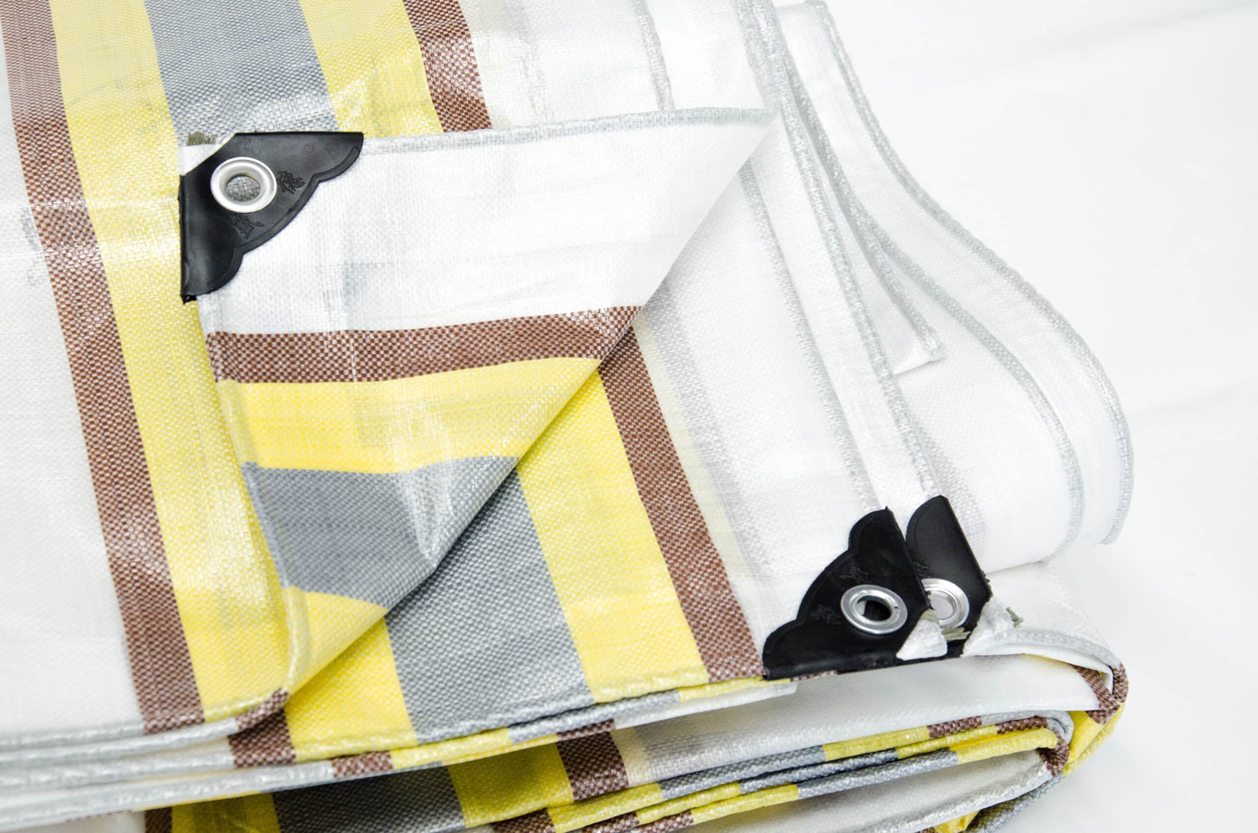 Heavy-Duty PE Tarp - 220GSM Poly Tarpaulin - All Purpose Tarp - White Background with Brown, Silver and Yellow Stripes image 1