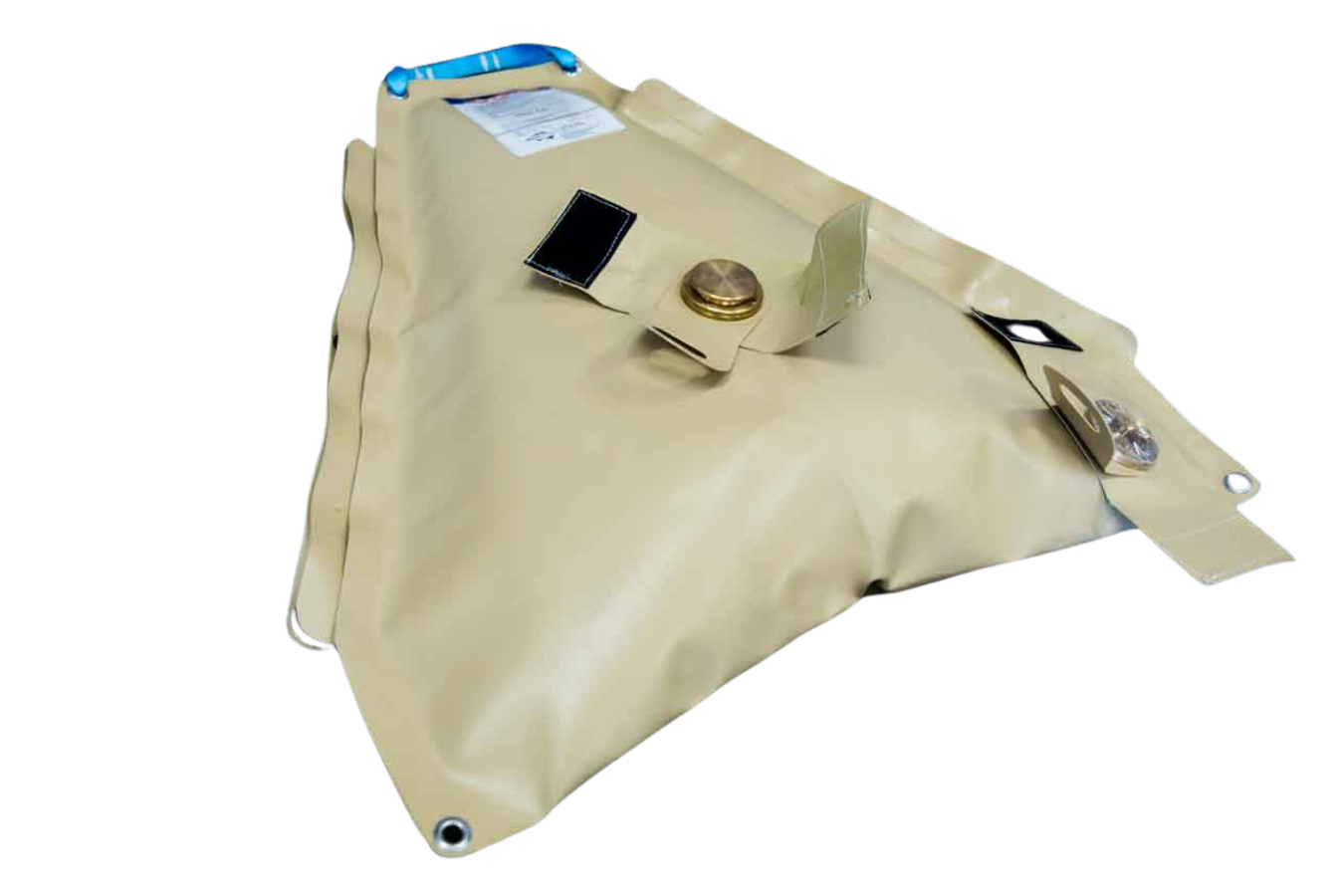 Portable 20-liter marine fuel bladder for rescue boats featuring a carry handle, brass filler cap, and tie-down eyelets for secure transport.