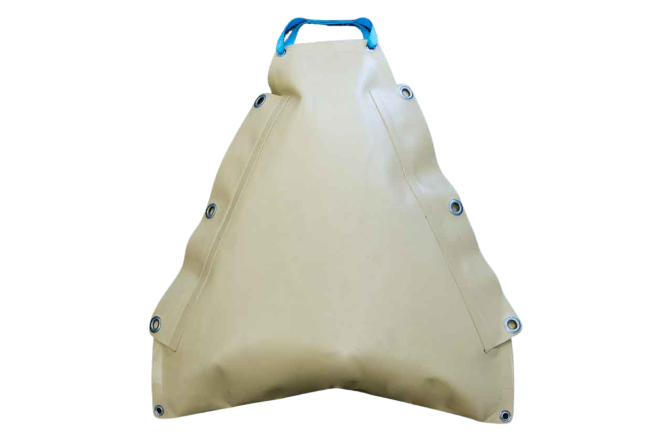 Portable 20-liter marine fuel bladder for rescue boats featuring a carry handle, brass filler cap, and tie-down eyelets for secure transport.